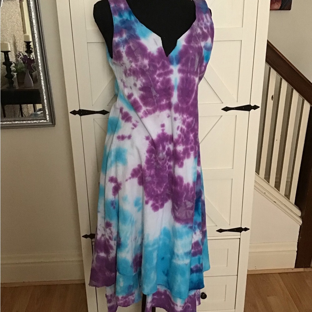 Vibrant Tie-Dye High Low Dress - Purple and Blue